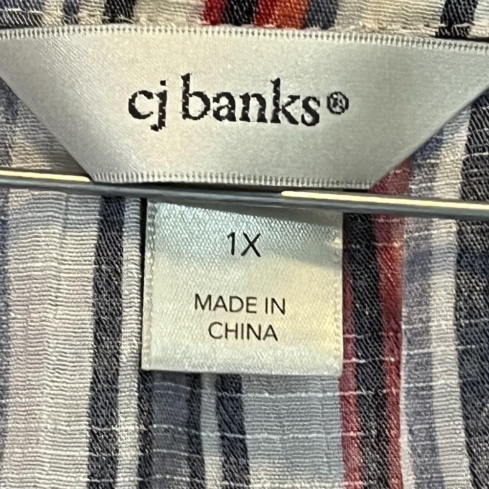 Women's CJ‎ Banks red-white-blue Striped 3/4 Sleeve Veck Button Tunic Top 1X - Picture 4 of 6